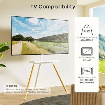 PUTORSEN Easel TV Stand for 42 43 to 65 Inch LED LCD OLED Screens, Portable Swivel Tripod TV Stand with Wooden Tray, Height Adjustable TV Floor Stand, Concealed Cable Management, Max Load 99lbs, White