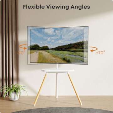 PUTORSEN Easel TV Stand for 42 43 to 65 Inch LED LCD OLED Screens, Portable Swivel Tripod TV Stand with Wooden Tray, Height Adjustable TV Floor Stand, Concealed Cable Management, Max Load 99lbs, White