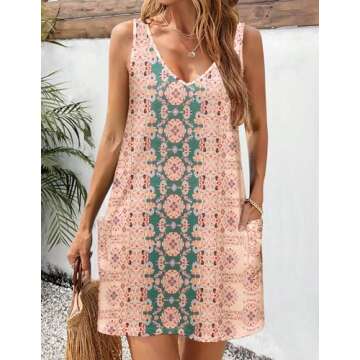 HOTOUCH Women's V Neck Beach Dress Casual Sleeveless Tank Dress Womens Loose Tropical Mini Dress for...