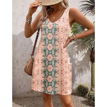 HOTOUCH Women's V Neck Beach Dress Casual Sleeveless Tank Dress Womens Loose Tropical Mini Dress for Women Summer A-Line Dresses Medium