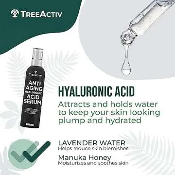 Anti-Aging Hyaluronic Acid Serum for Face 2 oz, Hydrating Wrinkle Repair Serum for Skin Care, Pure Hyaluronic Acid Face Serum for Women, Oil-Free Anti-Aging Serum for Advanced Skin Repair TreeActiv
