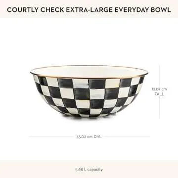 MACKENZIE-CHILDS Enamel Everyday Bowl, Serving Bowl for Entertaining, Extra Large, Black-and-White Courtly Check