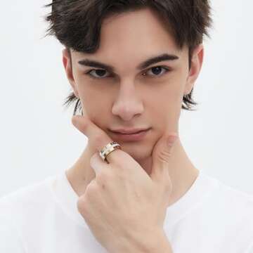 Anxiety Fidget Ring Love Friendship Gold Rings for Women 14K Gold Plated Titanium Steel Dainty Cubic Zirconia Rings Stacking Bands 3 In 1 Spinner Rings for Men Valentines Day Mother's Day Christmas Day Best Gifts (God, 7)