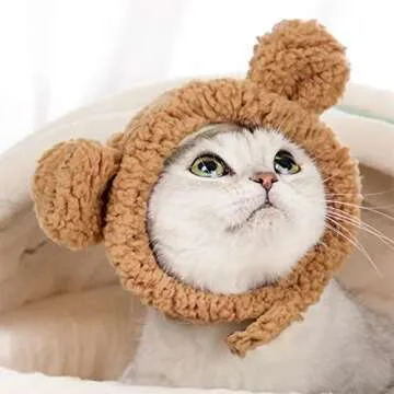 JOICEE Cute Cat Costume Warm Bear Hat for Cat Adjustable Soft Small Pet Headwear Bear Hat for Cat Puppy Dog (Brown)