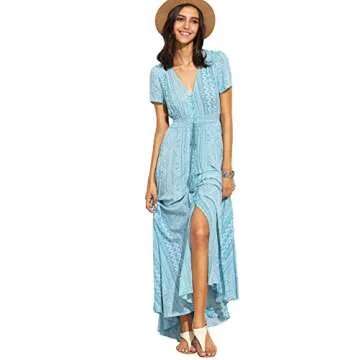 Milumia Women Button Up Floral Print Split Flowy Maxi Party Summer Dress Light Blue X-Small