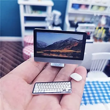 1:12 Scale Miniature Home Furniture Set Miniature Office Table and Chair Mini Simulation Desktop Computer with Mouse Keyboard Model
