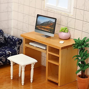 1:12 Scale Miniature Home Furniture Set Miniature Office Table and Chair Mini Simulation Desktop Computer with Mouse Keyboard Model