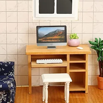 1:12 Scale Miniature Home Furniture Set Miniature Office Table and Chair Mini Simulation Desktop Computer with Mouse Keyboard Model
