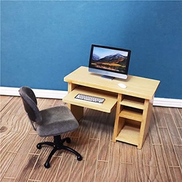 1:12 Scale Miniature Home Furniture Set Miniature Office Table and Chair Mini Simulation Desktop Computer with Mouse Keyboard Model