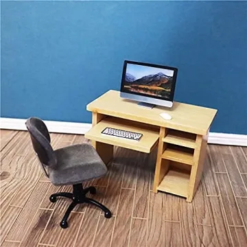 1:12 Scale Miniature Home Furniture Set Miniature Office Table and Chair Mini Simulation Desktop Computer with Mouse Keyboard Model
