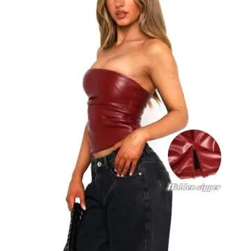 OZICERD PU Faux Leather Tube Top Strapless Going Out Tops for Women Sexy Club Top Rave Concert Outfit Ruched Bandeau Crop Top Red S