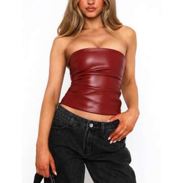 OZICERD PU Faux Leather Tube Top Strapless Going Out Tops for Women Sexy Club Top Rave Concert Outfit Ruched Bandeau Crop Top Red S