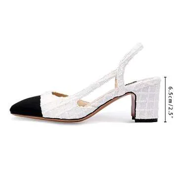 MIRAAZZURRA Women Sling Back Pumps Chunky Heels Sexy Splicing Round Toe Casual Wedding Shoes for Women Fashion Dress Shoes US Size 6.5 Pure White