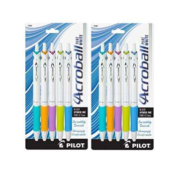 Pilot Acroball PureWhite Retractable Advanced Ink Ball Point Pens; Fine Point, Black Ink, Turquoise/Orange/Purple/Lime/Blue Accents, 2 Of Each (10 Pack)