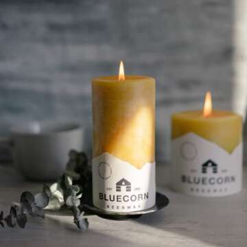 Bluecorn Beeswax 100% Pure Beeswax Pillar Candles | Natural Beeswax Candles, Unscented Yellow Candles | Soy, Paraffin, & Fragrance Free | 3x6, 90 Hour Burn Time | Handmade in Colorado