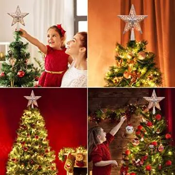 8" Silver Glittered Hollow Christmas Star Tree Topper with Built-in 10-Bulb String Lights and 2 Fuse...