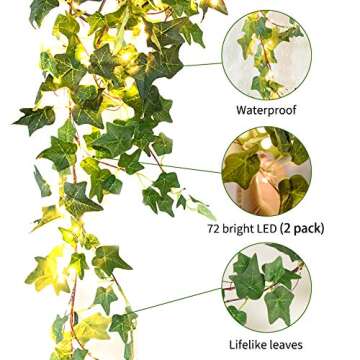 Minetom 2 Pack 6 Ft. Ivy String Lights - Battery Operated 72 LED Artificial Ivy Lights, Warm White B...