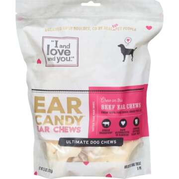 I and love and you Ear Candy Cow Ear Chews - Beef - Rawhide Alternative, Single Ingredient, Free Range Grass Fed Beef, 5ct