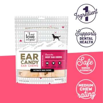 I and love and you Ear Candy Cow Ear Chews - Beef - Rawhide Alternative, Single Ingredient, Free Range Grass Fed Beef, 5ct