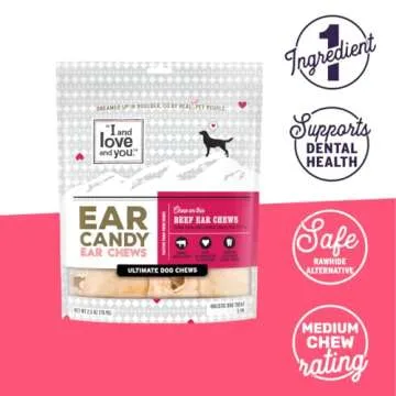 I and love and you Ear Candy Cow Ear Chews - Beef - Rawhide Alternative, Single Ingredient, Free Range Grass Fed Beef, 5ct