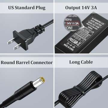14V Power Cord for Samsung Monitor, SoulBay 14V 3A AC Adapter Charger for Samsung SyncMaster 15" 17" 18" 19" 20" 22" 23" 24" 27" Screen TFT LED LCD Monitor TV Notebook Power Supply