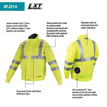 Makita DFJ214ZM 18V LXT® Lithium-Ion Cordless High Visibility Fan Jacket, Jacket Only (M)