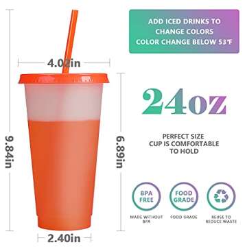 Reusable Plastic Tumblers with Lids & Straws - 9 Pcs 24oz Large Color Changing Cups for Adults Kids ...