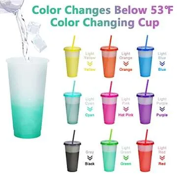 Reusable Plastic Tumblers with Lids & Straws - 9 Pcs 24oz Large Color Changing Cups for Adults Kids Women Party | Tall Iced Cold Straw Drinking Cute Tumbler Cup Bulk