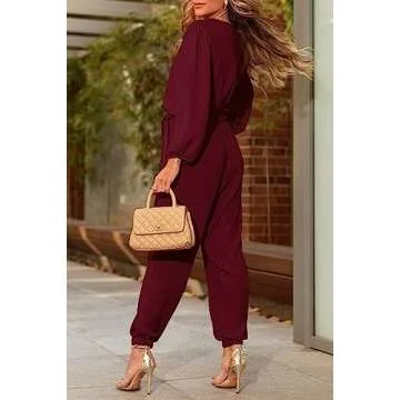 PRETTYGARDEN Women's Fall Jumpsuits Casual Dressy One Piece Outfits V Neck Long Sleeve Belt Pockets Long Pants Romper (Wine Red,Small)