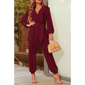 PRETTYGARDEN Women's Fall Jumpsuits Casual Dressy One Piece Outfits V Neck Long Sleeve Belt Pockets Long Pants Romper (Wine Red,Small)