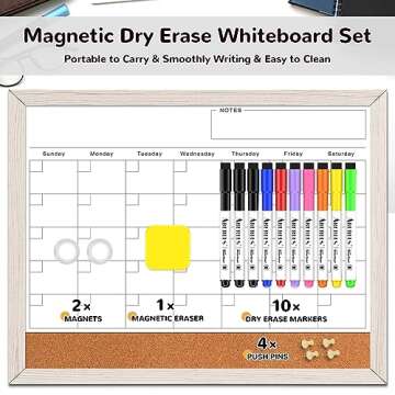 Monthly Whiteboard Calendar & Corkboard for Wall, Magnetic 17"x13" Dry Erase Board with White Wood F...