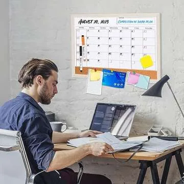 Monthly Whiteboard Calendar & Corkboard for Wall, Magnetic 17"x13" Dry Erase Board with White Wood Framed, 2in1 White Board Cork Board Combo, Calendar Bulletin Board for Kitchen Planner Memo Office