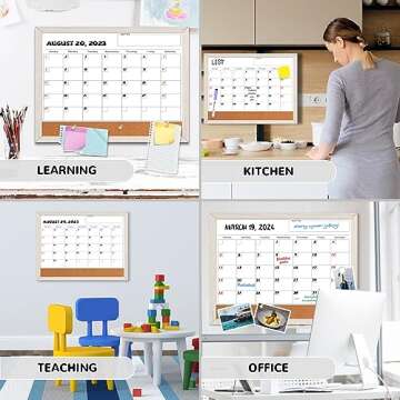 Monthly Whiteboard Calendar & Corkboard for Wall, Magnetic 17"x13" Dry Erase Board with White Wood Framed, 2in1 White Board Cork Board Combo, Calendar Bulletin Board for Kitchen Planner Memo Office