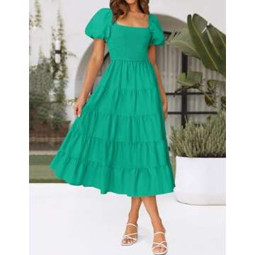 ZESICA Women's 2025 Summer Square Neck Short Puff Sleeve Solid Color High Waist Casual Smocked Flowy A Line Tiered Midi Dress,Green,Large