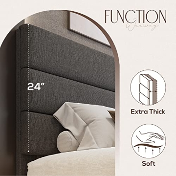WEEWAY King Bed Frame Linen Headboard Wooden Slats Support