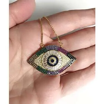 SIFRIMANIA Lariat Necklace Big Evil Eye Pendant Adjustable Versatile Chain up to 40 inches Length (Gold)