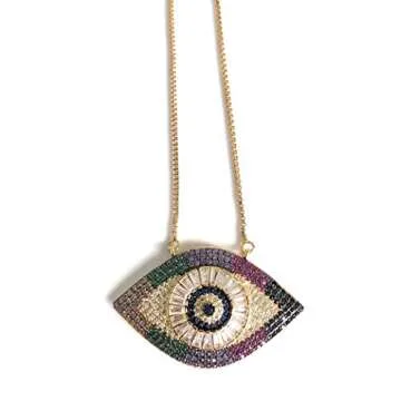 SIFRIMANIA Lariat Necklace Big Evil Eye Pendant Adjustable Versatile Chain up to 40 inches Length (Gold)