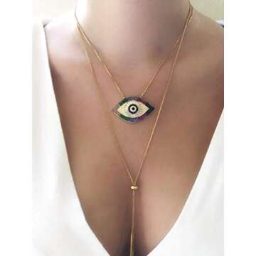 SIFRIMANIA Lariat Necklace Big Evil Eye Pendant Adjustable Versatile Chain up to 40 inches Length (Gold)