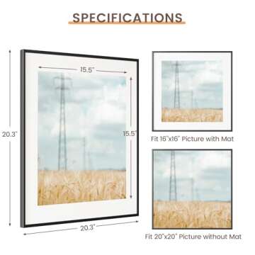 Fun Memories 20x20 Black Frame - 20x20 Picture Frames Matted to 16x16- Square Photo Frame, Wall Hook Hanging Hardware Included- Gold, Set of 1