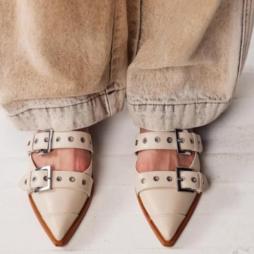 KaroNairy Wide Buckle Ballet Flats for Women Pointy Toe Mary Jane Flat Square Toe Dressy Flats Block Heel Pumps Ballerina Shoes pearl7.5