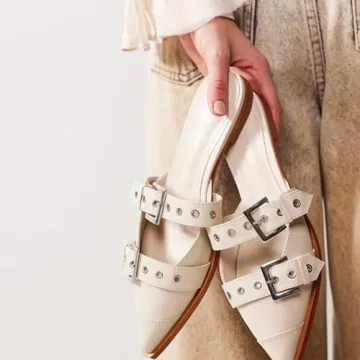 KaroNairy Wide Buckle Ballet Flats for Women Pointy Toe Mary Jane Flat Square Toe Dressy Flats Block Heel Pumps Ballerina Shoes pearl7.5