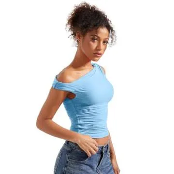SUUKSESS Women Off Shoulder Tops Sleeveless Shirts Y2K Trendy Going Out Crop Tank Top (Baby Blue,M)