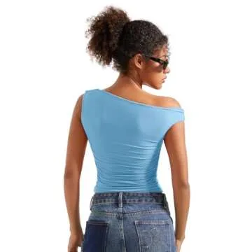 SUUKSESS Women Off Shoulder Tops Sleeveless Shirts Y2K Trendy Going Out Crop Tank Top (Baby Blue,M)