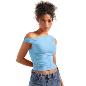 SUUKSESS Women Off Shoulder Tops Sleeveless Shirts Y2K Trendy Going Out Crop Tank Top (Baby Blue,M)