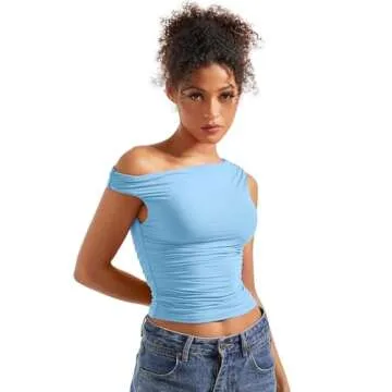 SUUKSESS Women Off Shoulder Tops Sleeveless Shirts Y2K Trendy Going Out Crop Tank Top (Baby Blue,M)