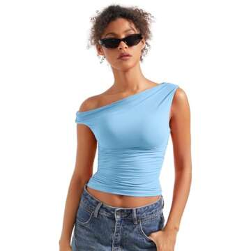 SUUKSESS Women Off Shoulder Tops Sleeveless Shirts Y2K Trendy Going Out Crop Tank Top (Baby Blue,M)