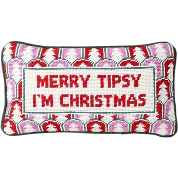 FURBISH Christmas Pillow - Merry Tipsy Needlepoint Decorative Throw Pillow, Christmas Decor, Handmad...