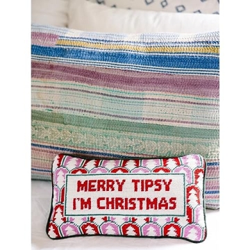 FURBISH Christmas Pillow - Merry Tipsy Needlepoint Decorative Throw Pillow, Christmas Decor, Handmade Holiday Pillow for Couch & Bed, Aesthetic Room Decor, 8" x 14"