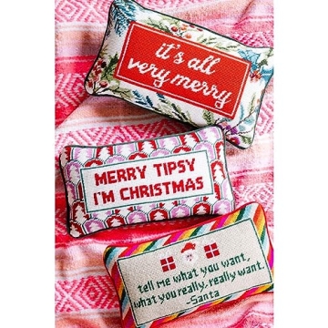 FURBISH Christmas Pillow - Merry Tipsy Needlepoint Decorative Throw Pillow, Christmas Decor, Handmade Holiday Pillow for Couch & Bed, Aesthetic Room Decor, 8" x 14"