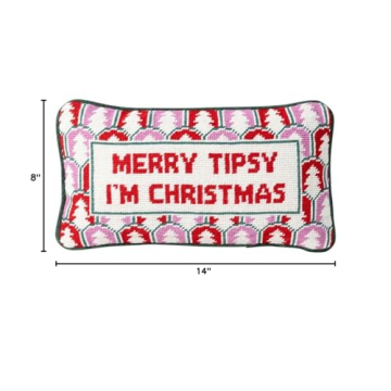 FURBISH Christmas Pillow - Merry Tipsy Needlepoint Decorative Throw Pillow, Christmas Decor, Handmade Holiday Pillow for Couch & Bed, Aesthetic Room Decor, 8" x 14"